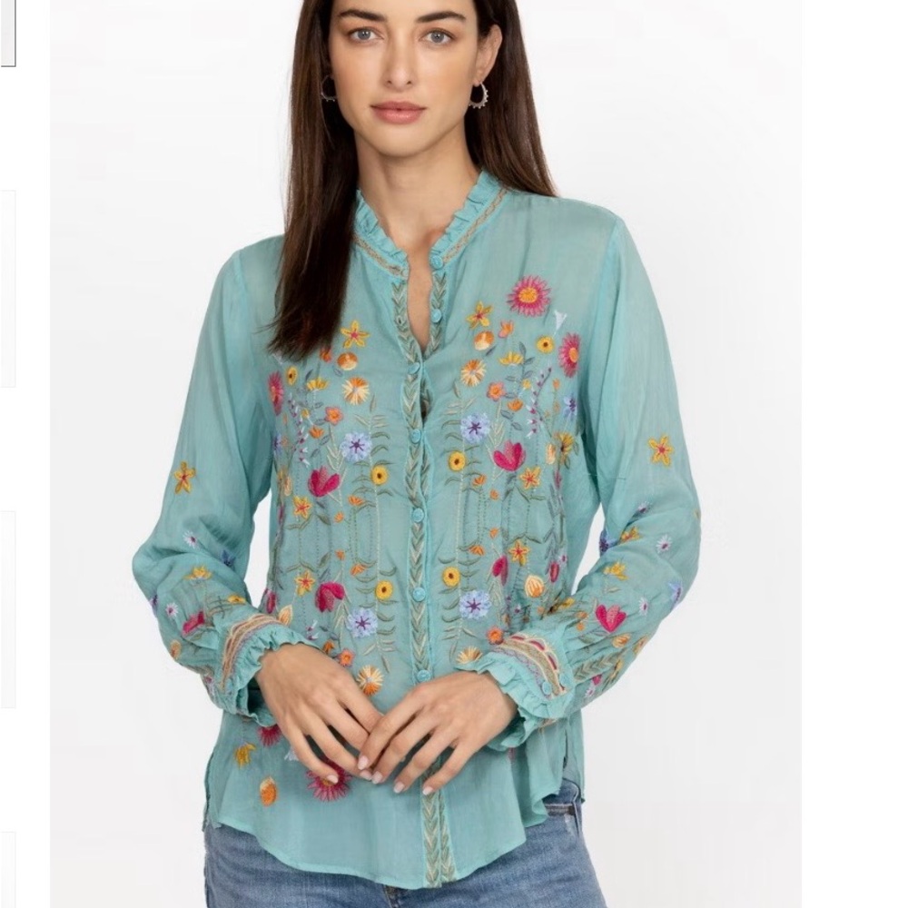 Johnny Was Iolanda Marine Embroidered Floral Top